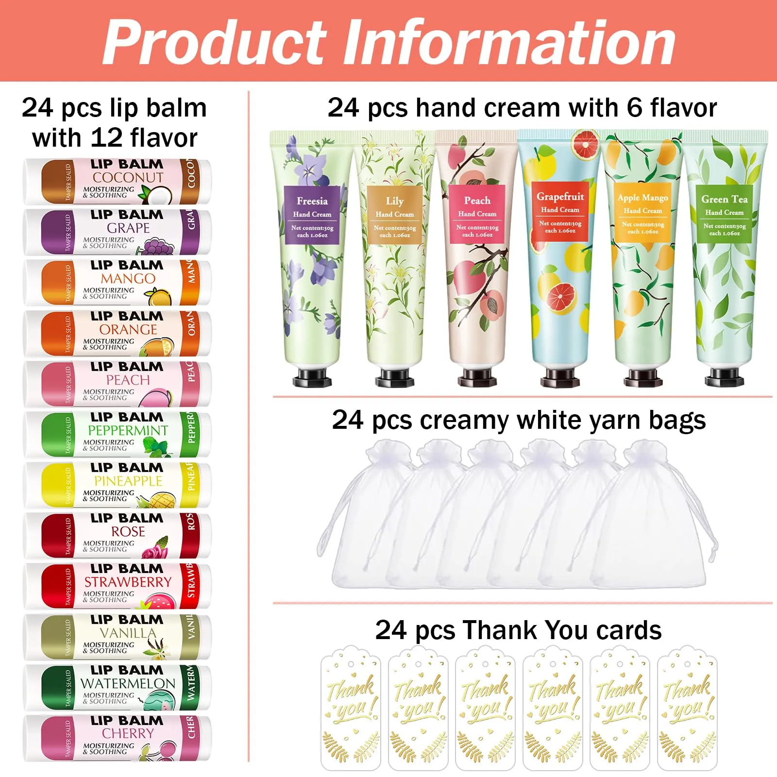 AZEN 24 Sets Hand Cream Bulk and Lip Balm Bulk Set, Bridal Shower Gifts for Guests, Thank You Gifts for Coworkers Women Men with Organza Bag Thank You Card, Bridal Wedding Favors for Guests
