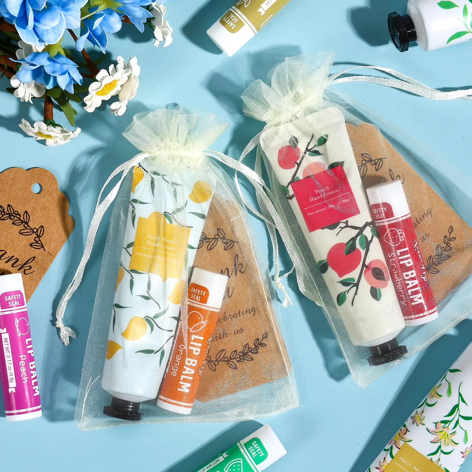 AZEN 24 Sets Hand Cream Bulk and Lip Balm Bulk Set, Bridal Shower Gifts for Guests, Thank You Gifts for Coworkers Women Men with Organza Bag Thank You Card, Bridal Wedding Favors for Guests