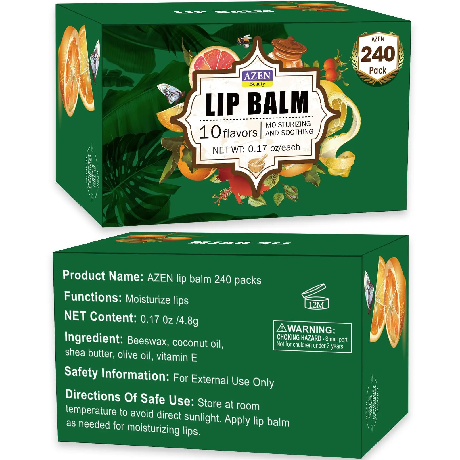 AZEN 240 Pack Lip Balm, Natural Lip Balm Bulk, Lip Care Product, Moisturizing Lip Balm for dry cracked lips - 10 Flavors