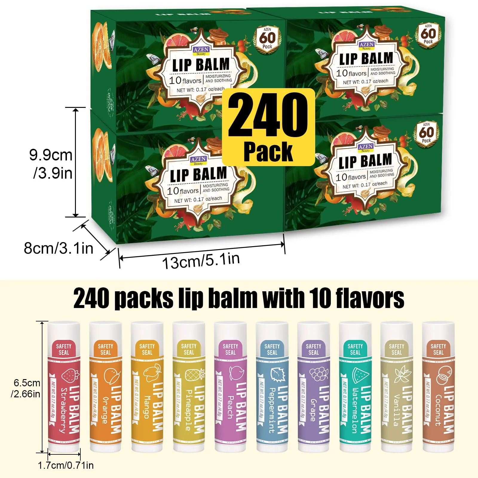 AZEN 240 Pack Lip Balm, Natural Lip Balm Bulk, Lip Care Product, Moisturizing Lip Balm for dry cracked lips - 10 Flavors