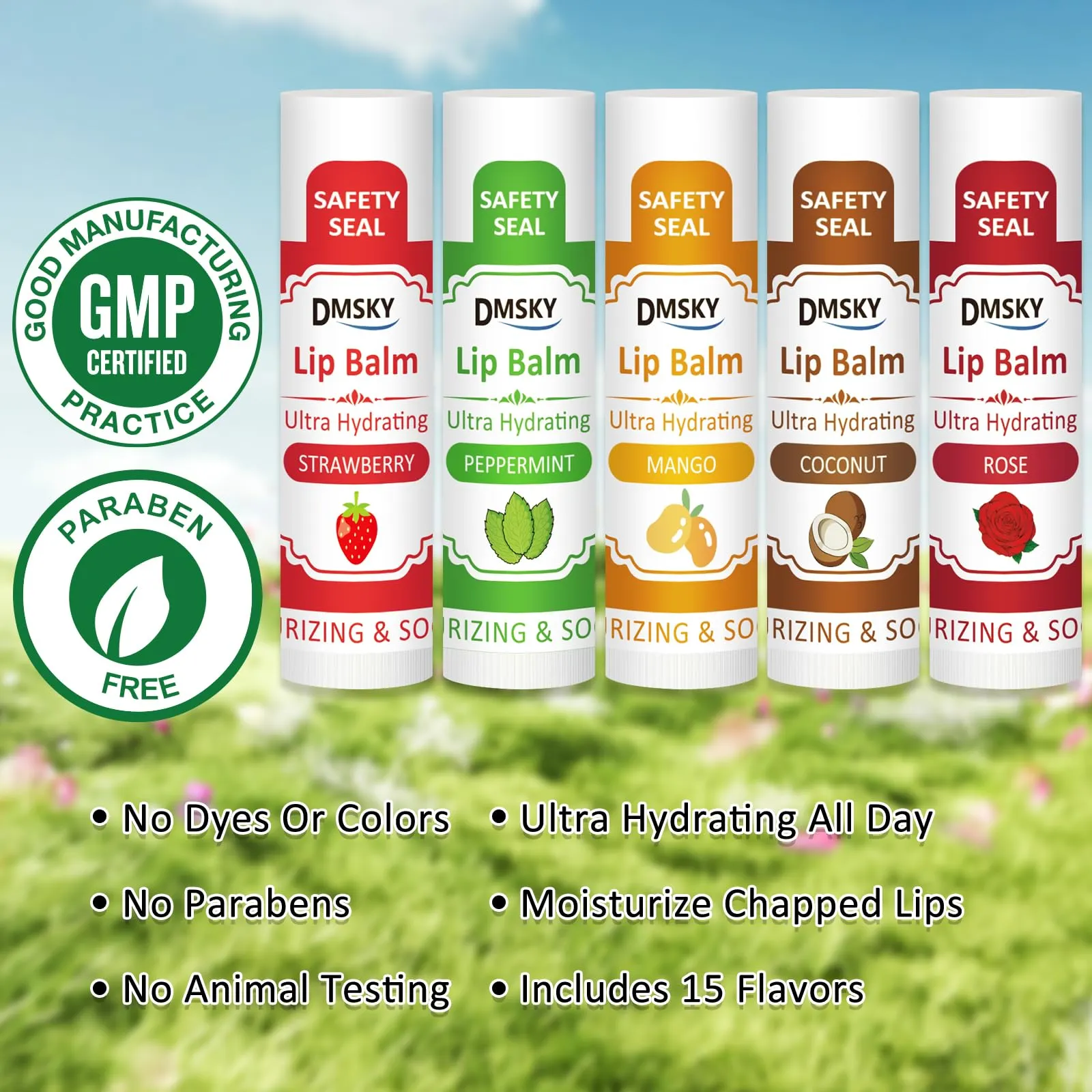DMSKY 30 Pack Lip Balm, Natural Lip Balm Bulk with Vitamin E and Coconut Oil, Moisturizing Soothing Chapped Lips-15 Flavors