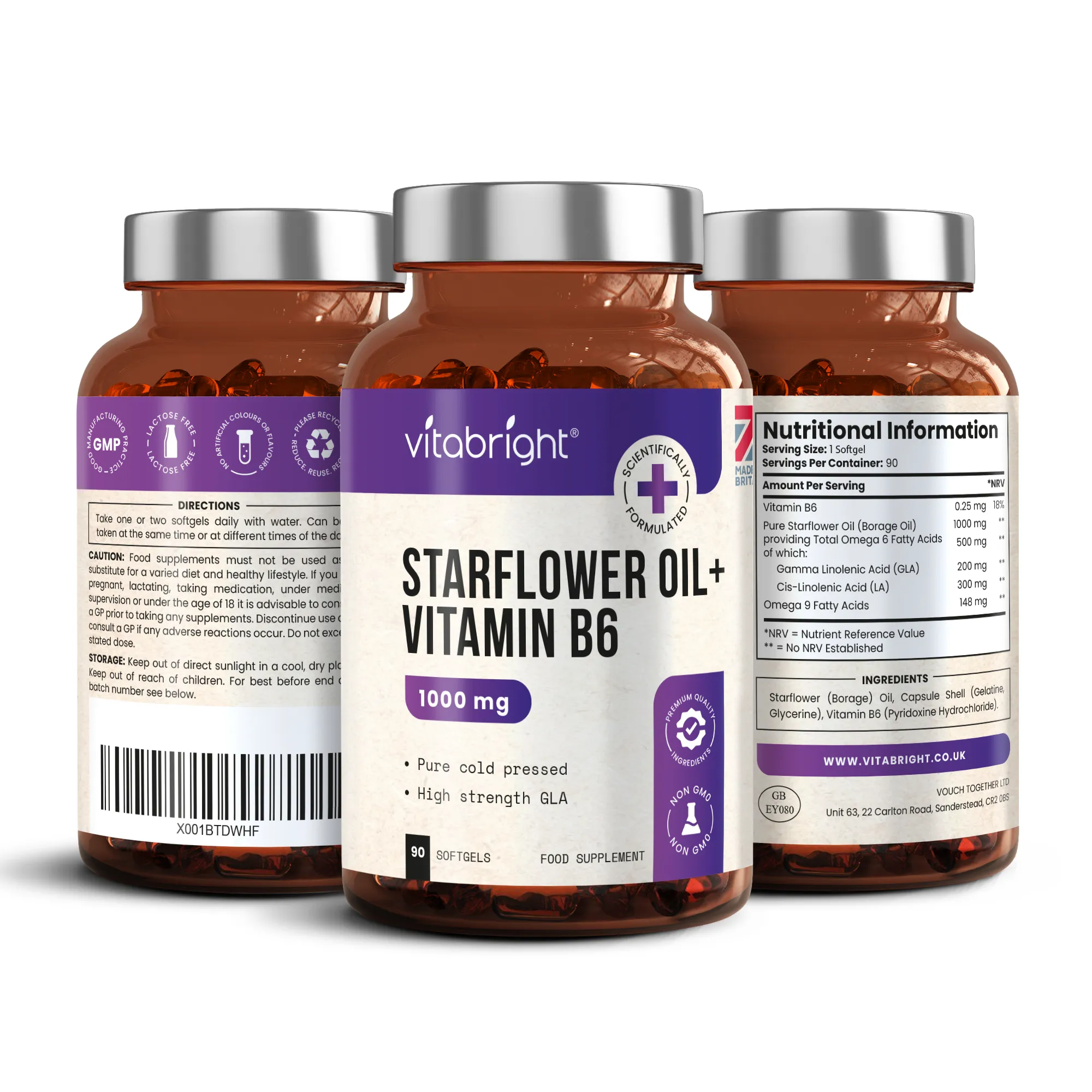 Starflower Oil Capsules - 90 Soft Gels - 1000mg Plus Vitamin B6