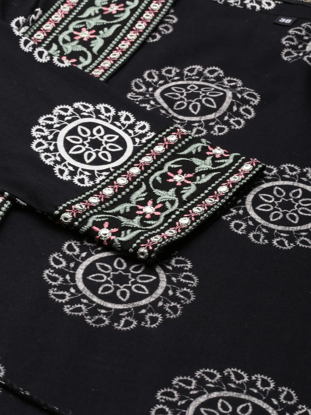 Women Black Embroidered Round Neck A-Line Kurta with Shrug