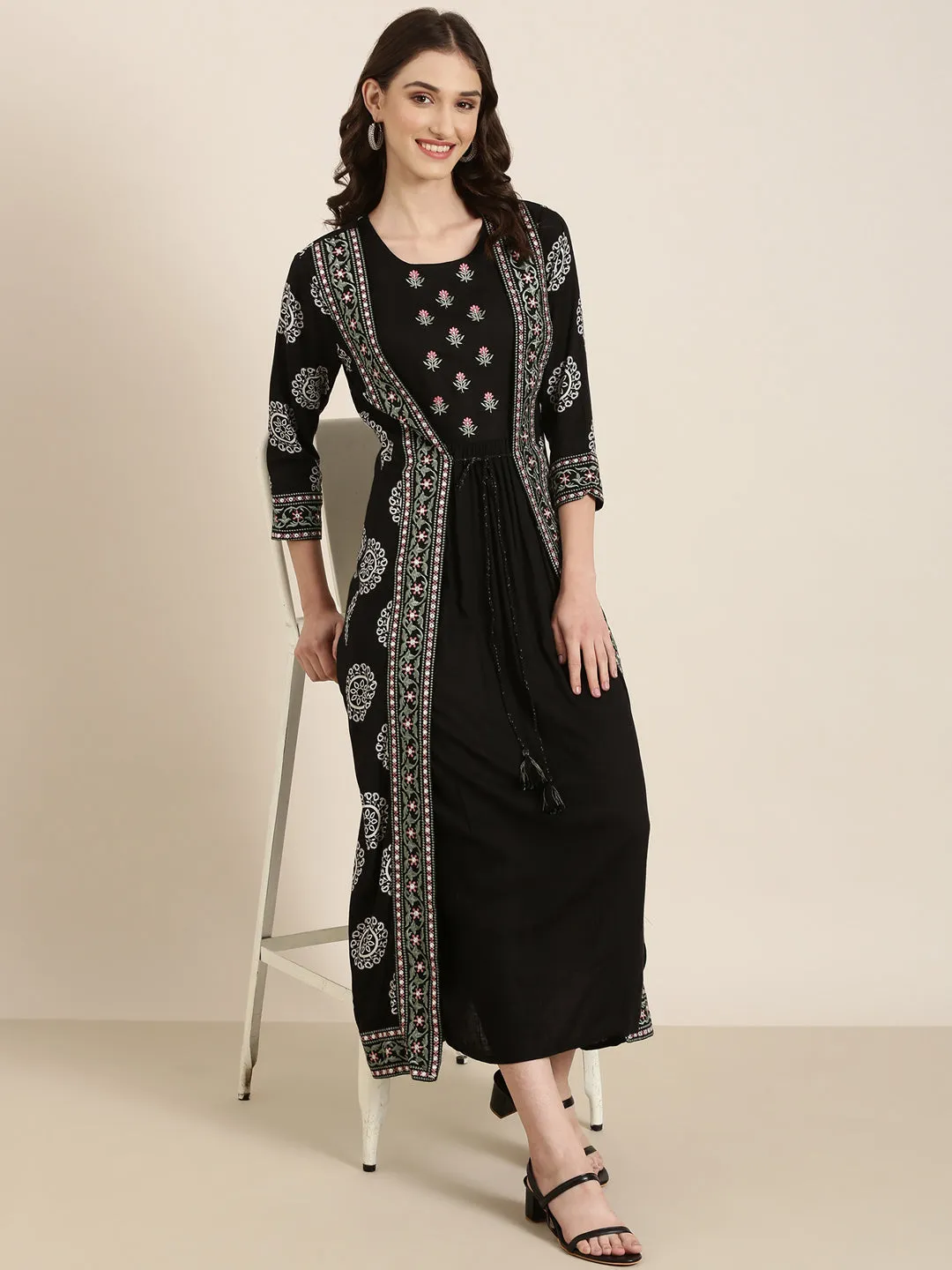 Women Black Embroidered Round Neck A-Line Kurta with Shrug