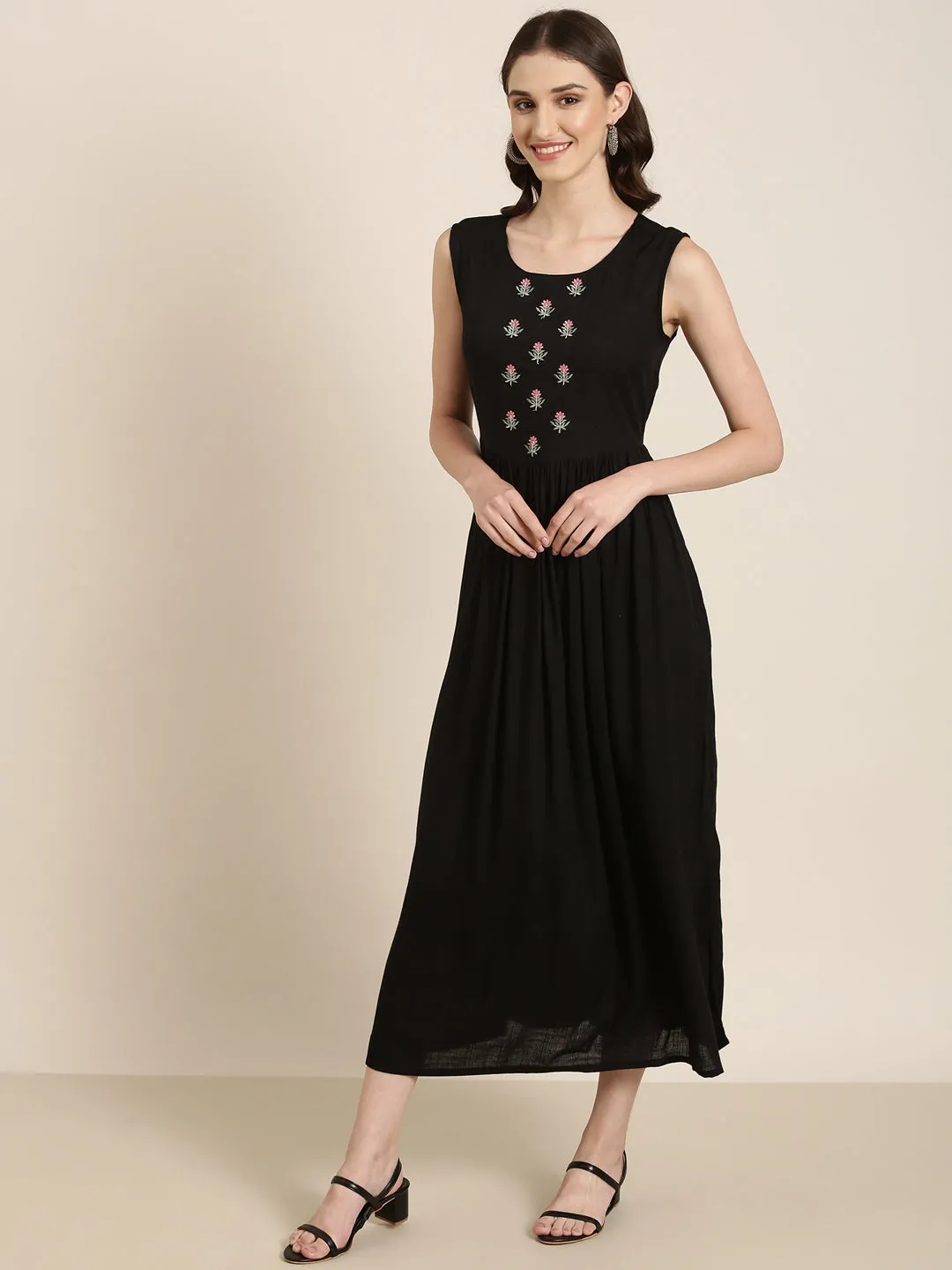 Women Black Embroidered Round Neck A-Line Kurta with Shrug