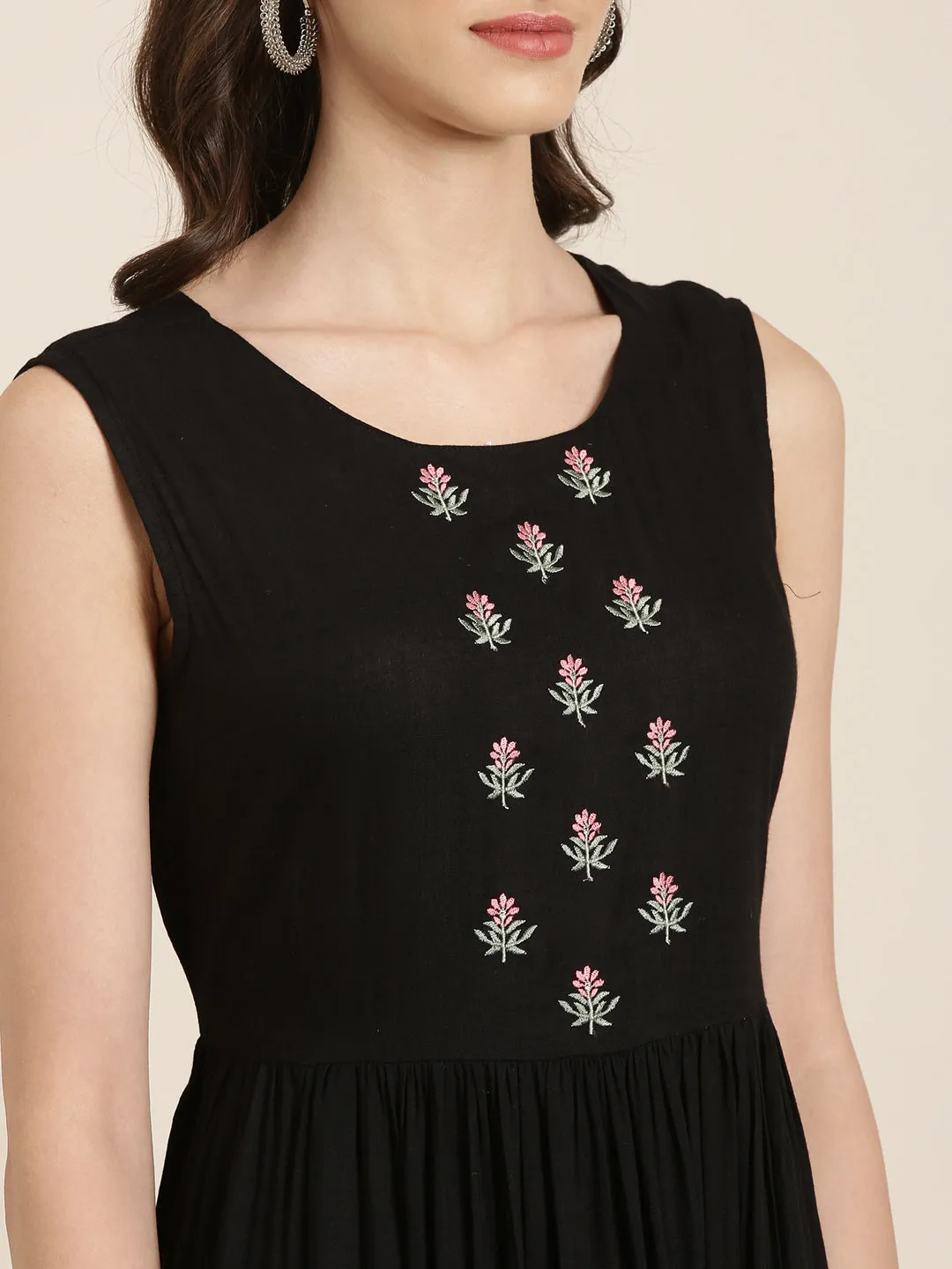 Women Black Embroidered Round Neck A-Line Kurta with Shrug