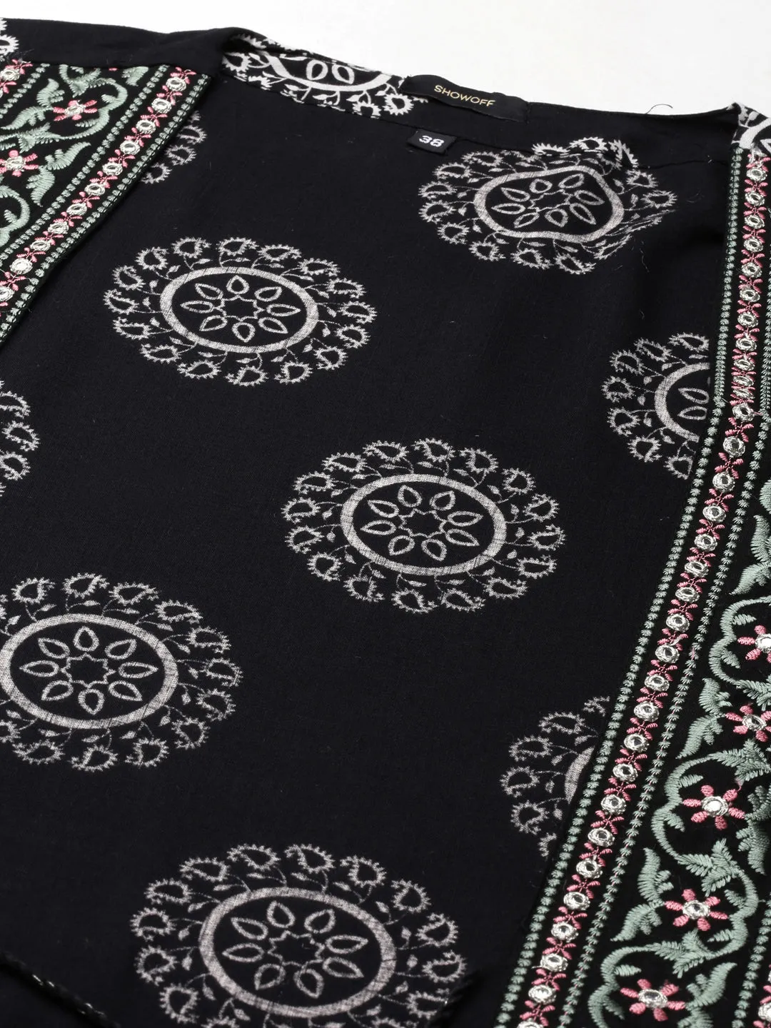 Women Black Embroidered Round Neck A-Line Kurta with Shrug