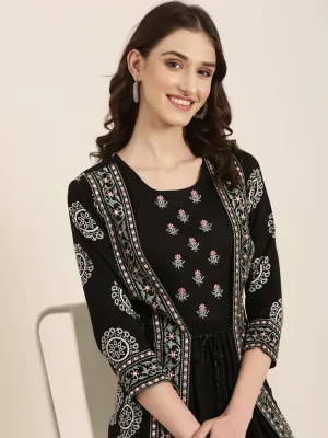 Women Black Embroidered Round Neck A-Line Kurta with Shrug