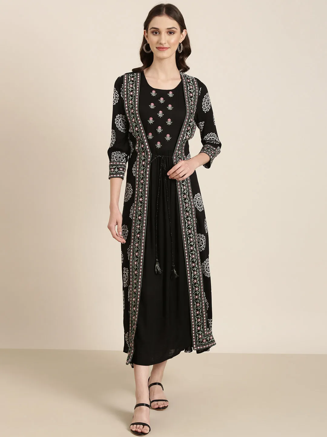 Women Black Embroidered Round Neck A-Line Kurta with Shrug